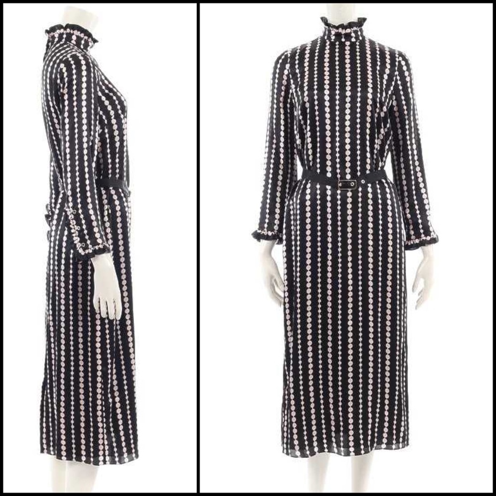 Kate Spade 100% Silk Pearl Strands Print High Ruffle Neck Snap Midi Dress - Picture 5 of 12